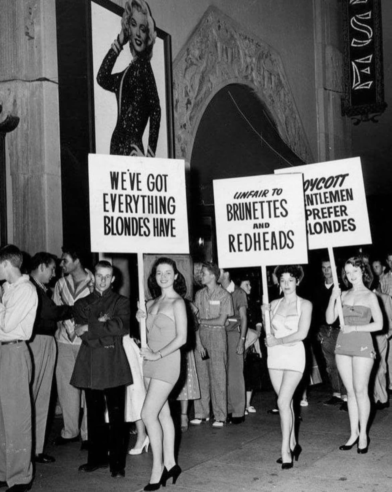 Brunettes and redheads boycott the film "Gentlemen Prefer Blondes", 1953 